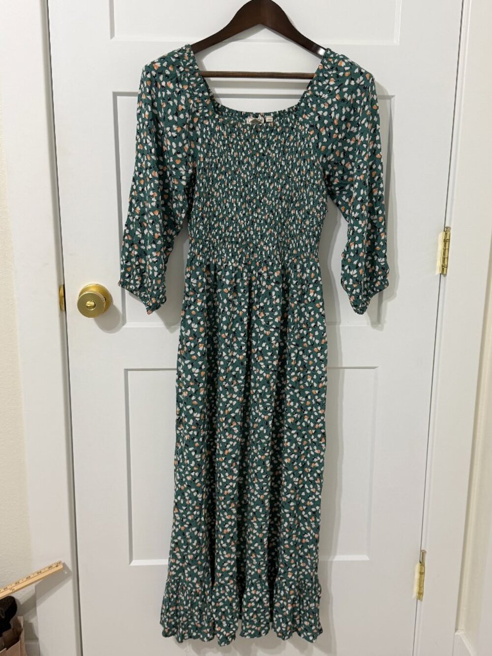 FatFace Adele Shirred Midi Dress Ditsy Pear Green Smocked Puff Sleeve US 4